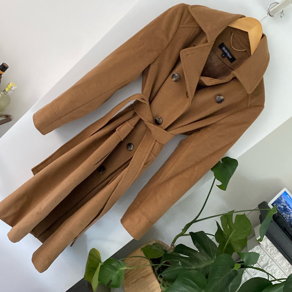 Ellen Tracy Camel Brown Double-Breasted Wool Belted Pea Coat